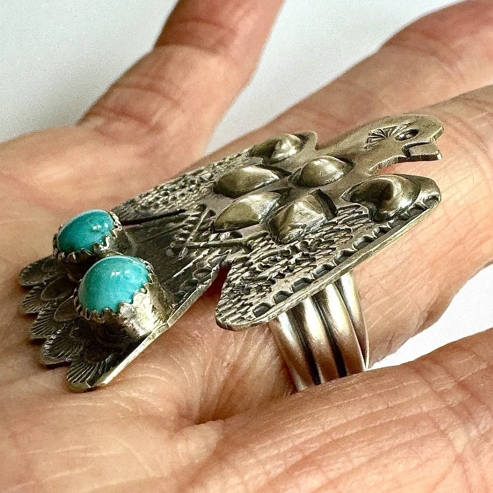 Navajo Thunderbird‎ Ring Turquoise Sz 7 Sterling Signed T Yazzie Native American